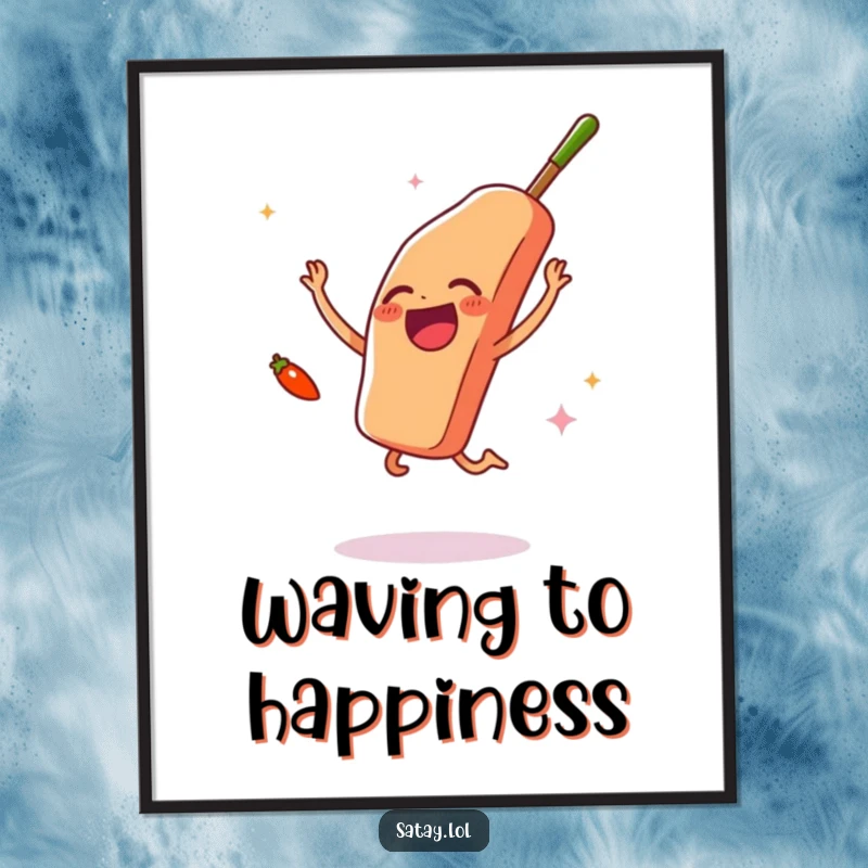Funny satay skewer and chili pepper poster, depicting joyful excitement between food and spice, vibrant and humorous wall art.