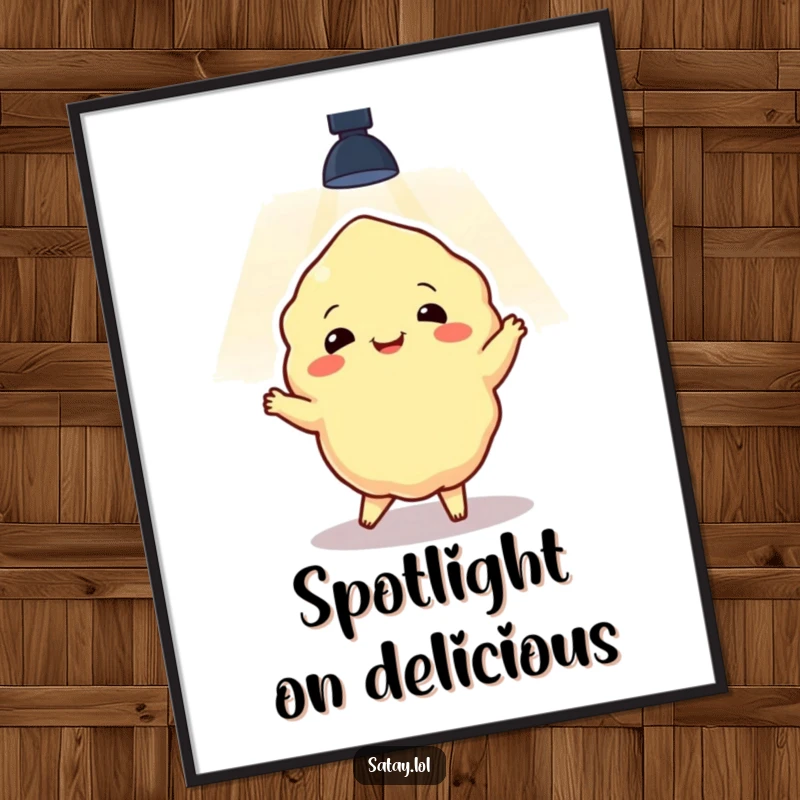 Funny satay lump captivating an audience with its dance moves under a dramatic spotlight, presented as a joyful poster.