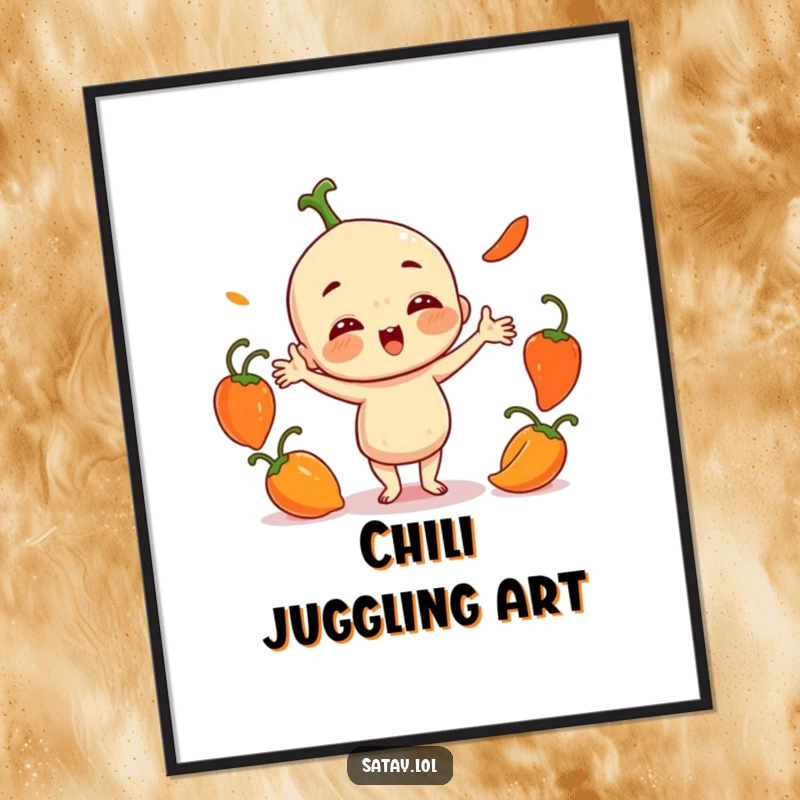 Funny Satay Character Poster: A playful satay juggles three small, round chili peppers, creating a spicy and humorous wall decoration.