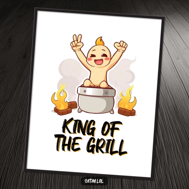 Funny poster art of a satay character in a triumphant pose, standing heroically on a smoky grill graphic.