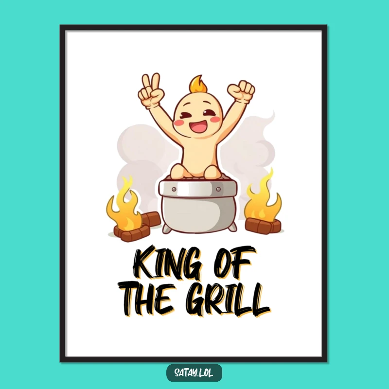 Funny Satay Poster: Grilling Triumph Pose Character Art, Humorous BBQ Decor