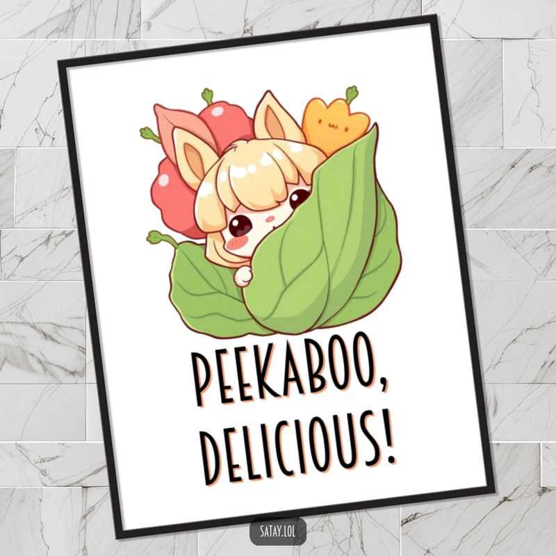 Funny satay poster featuring a grinning satay character peeking from behind a large, leafy garnish, adding humor.