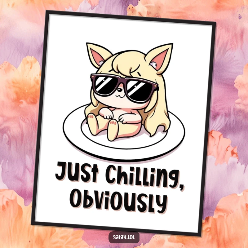 Funny Poster: A whimsical satay character with tiny sunglasses relaxes on a plate, depicted as a sunbed, bringing humorous wall art.