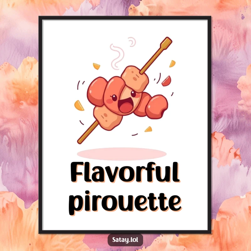 Funny satay skewer dancing poster, a skewer doing a silly spin with whirling meat pieces, a humorous and dynamic wall art.