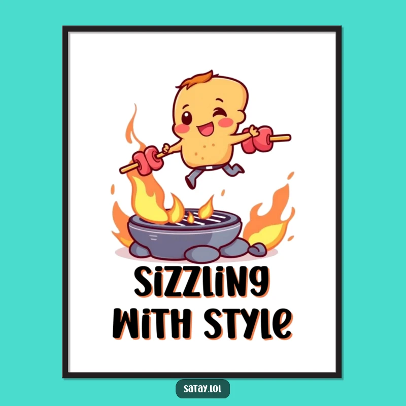 Funny Satay Skewer Flaming Grill Poster: Hilarious Wall Art for Food Lovers