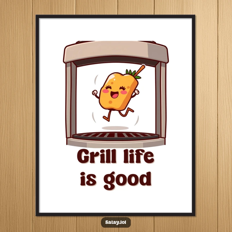 Funny poster showcasing a jovial satay skewer hopping with glee over a sizzling grill, adding a playful touch.