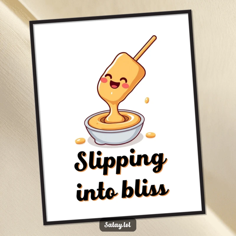 Funny satay skewer peanut sauce poster, a happy skewer sliding down peanut sauce, humorous wall art for foodies.