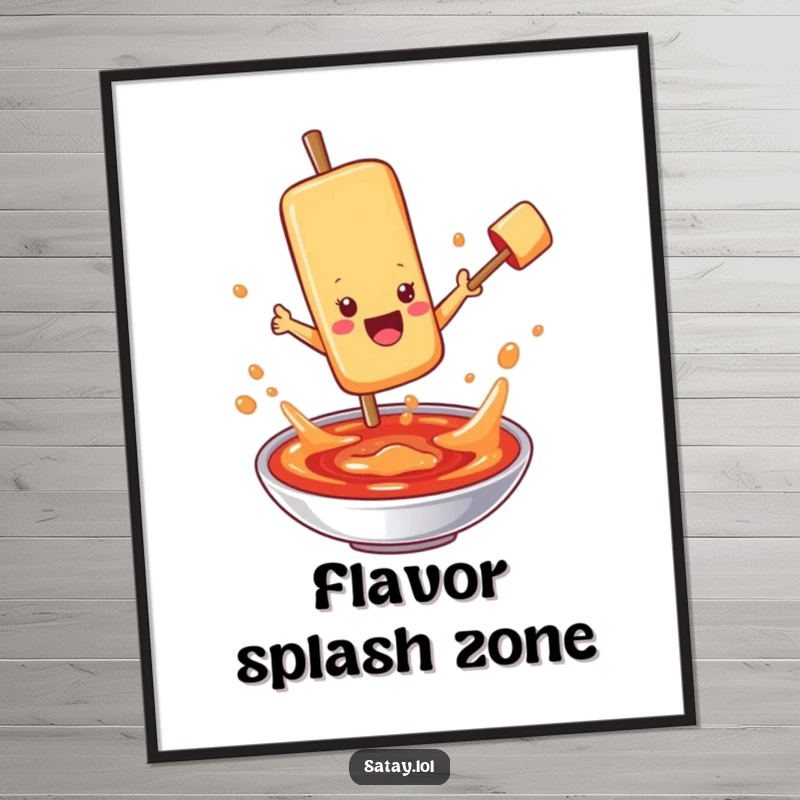 Funny satay skewer character poster, jumping into bubbling sauce, perfect for adding a splash of flavor and humor to decor.