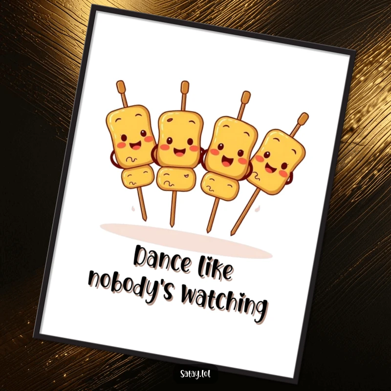 Funny Satay Skewers Poster illustrating characters performing a lively synchronized jig with happy faces, ideal wall decor.