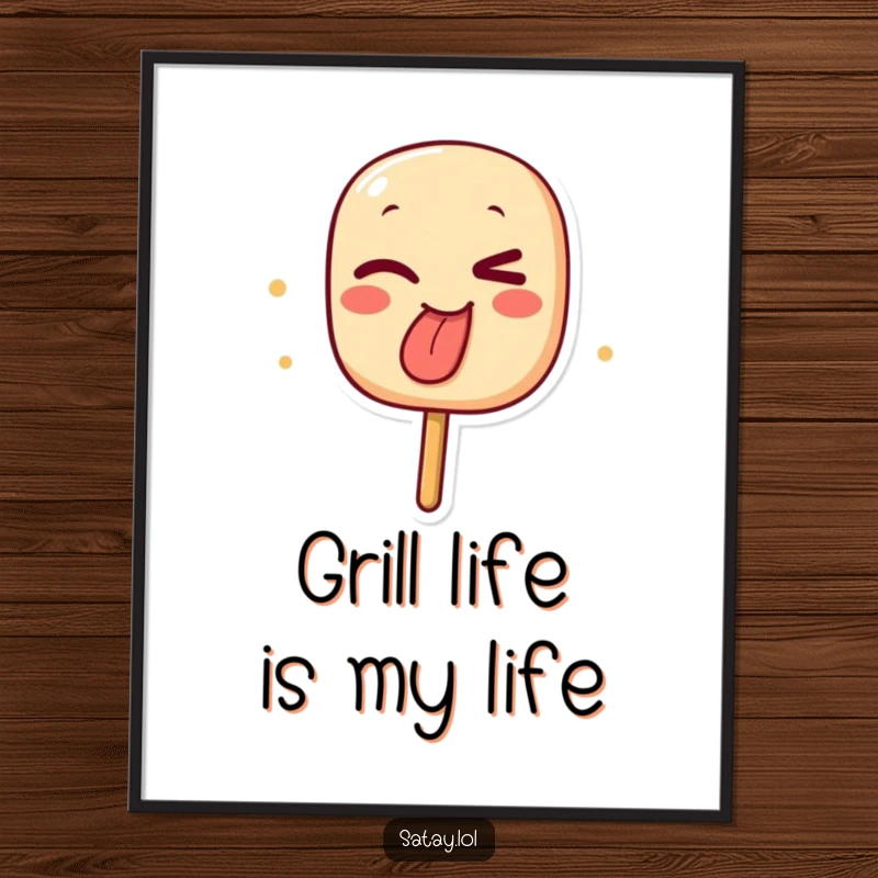 Funny poster print of a winking satay skewer character sticking out its char-marked tongue, celebrating bold food humor.