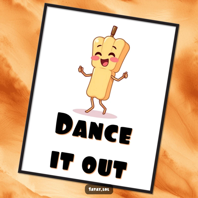 Funny poster art of a satay skewer character performing a silly, wobbly dance; full of energy and humorous movement.