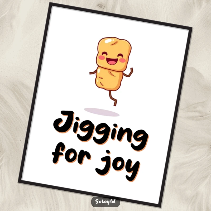 Funny poster art of a grinning satay skewer character with legs, happily performing a lively dance jig.