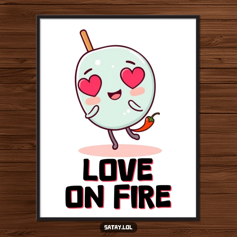 Funny satay skewer character poster with heart eyes, pursued by a tiny chili pepper, perfect for adding love and humor to decor.