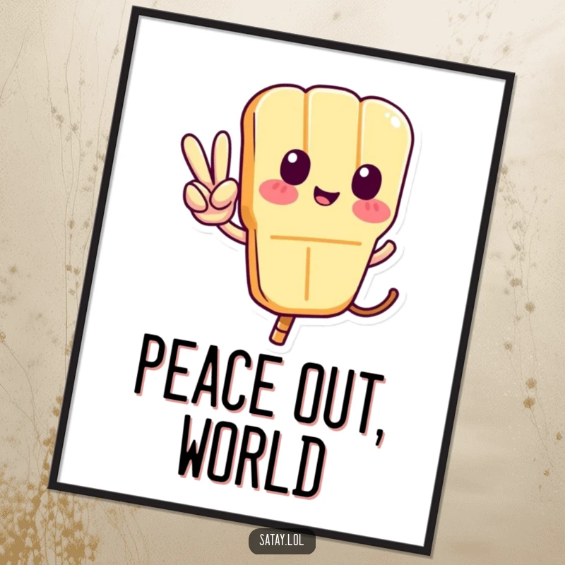 Funny Satay Skewer Poster showcasing a skewer character chillin' with a peace sign made by its tail, adding quirky charm to decor.