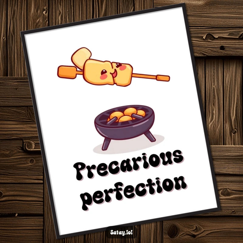 Funny satay skewer grill poster, a smiling skewer precariously balancing on a tiny grill, daring and humorous wall decor.