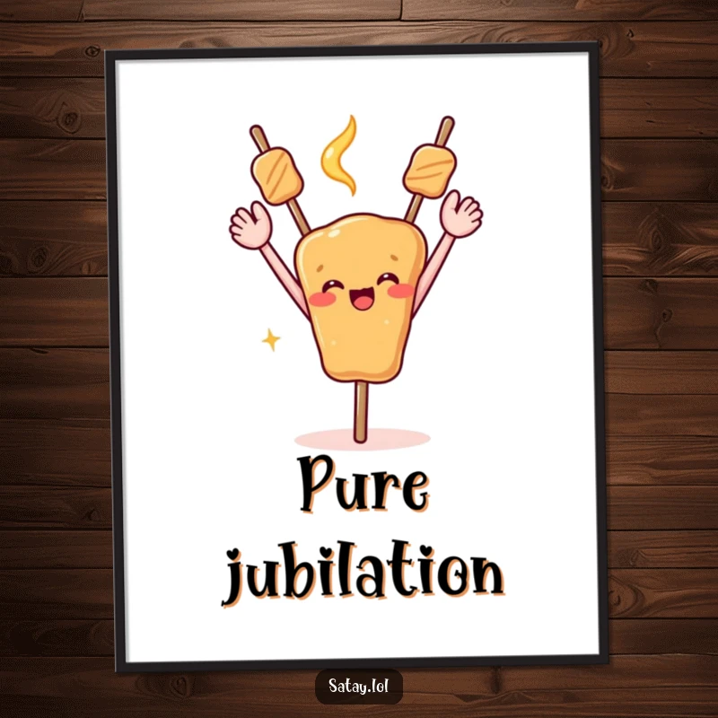 Funny poster of a satay skewer with arms raised high, celebrating a victory or special occasion.