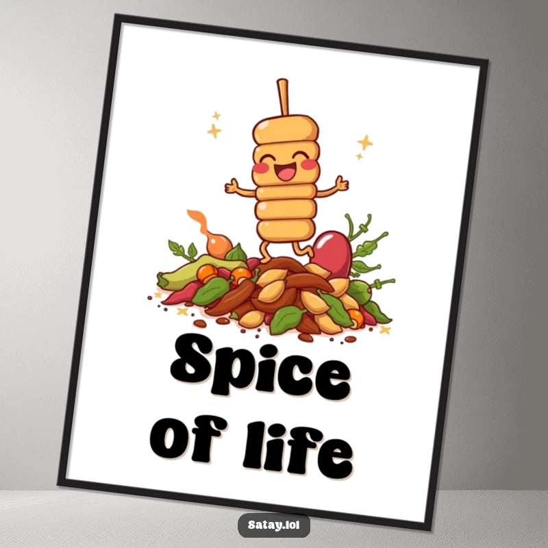 Funny giggling satay skewer art print, joyfully hopping on spices, adding a burst of flavor and humor to decor.