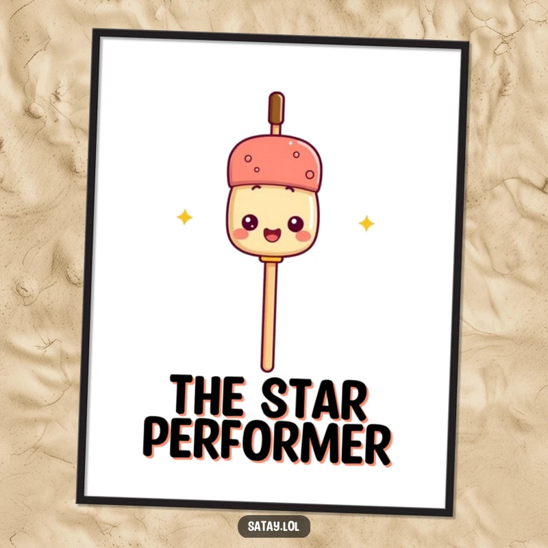 Funny poster showcasing a satay skewer using its stick as a microphone, ready to perform a hilarious song or comedy act.