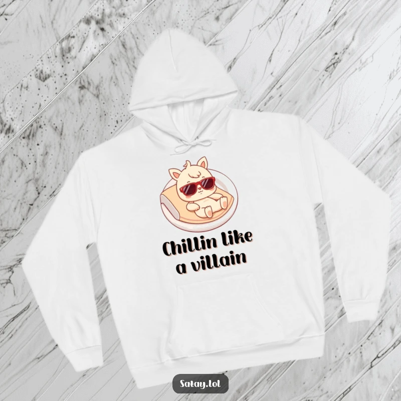 Funny Satay Hoodie: A stylish satay character in tiny shades relaxes on a plate, offering humorous warmth and comfort.