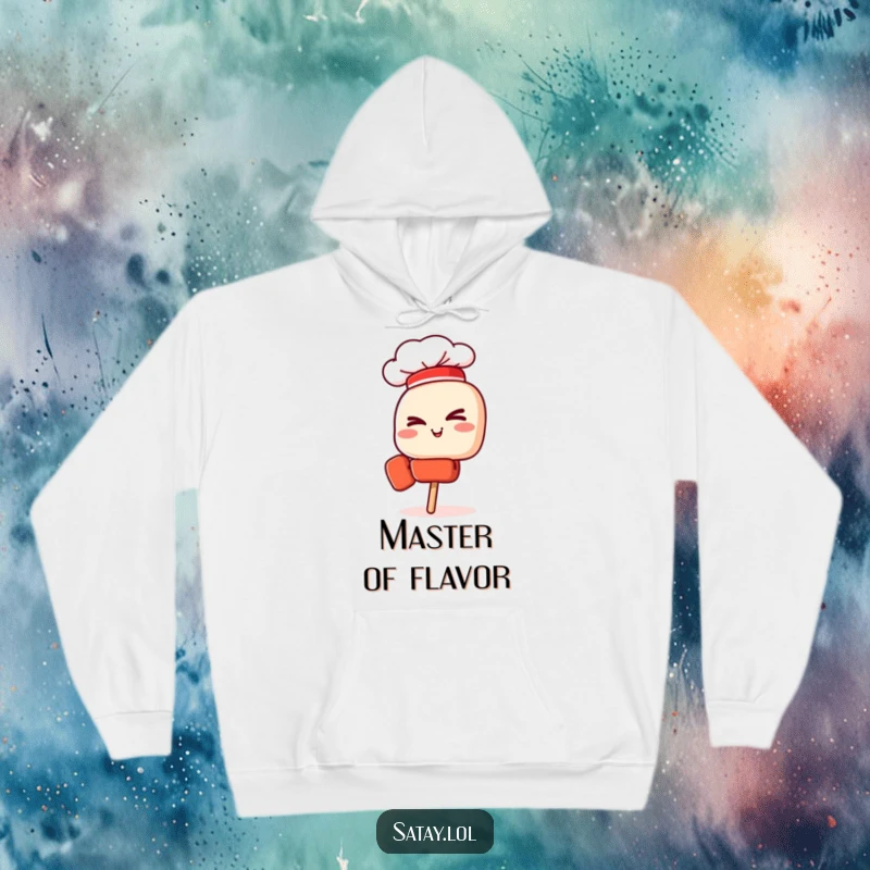 Funny hoodie with a dapper satay skewer chef tipping his hat and giving a confident wink.
