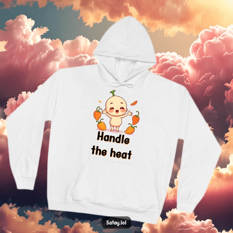 Funny Satay Character Hoodie: A playful satay juggles three small, round chili peppers, perfect for cozy and humorous heat.