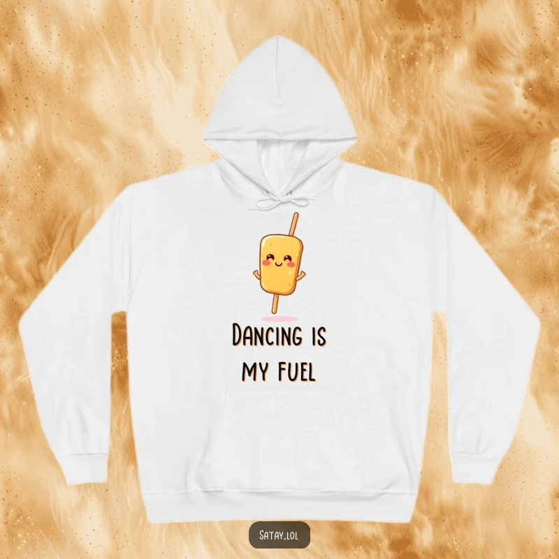 Funny satay skewer hoodie, a smiling skewer doing a delightful jig, cozy apparel for food lovers and humor enthusiasts.