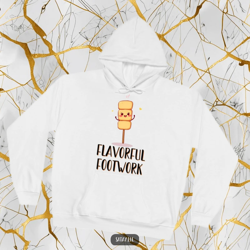 Funny hooded sweatshirt of a satay skewer caught mid-shimmy, looking like it's having a blast.
