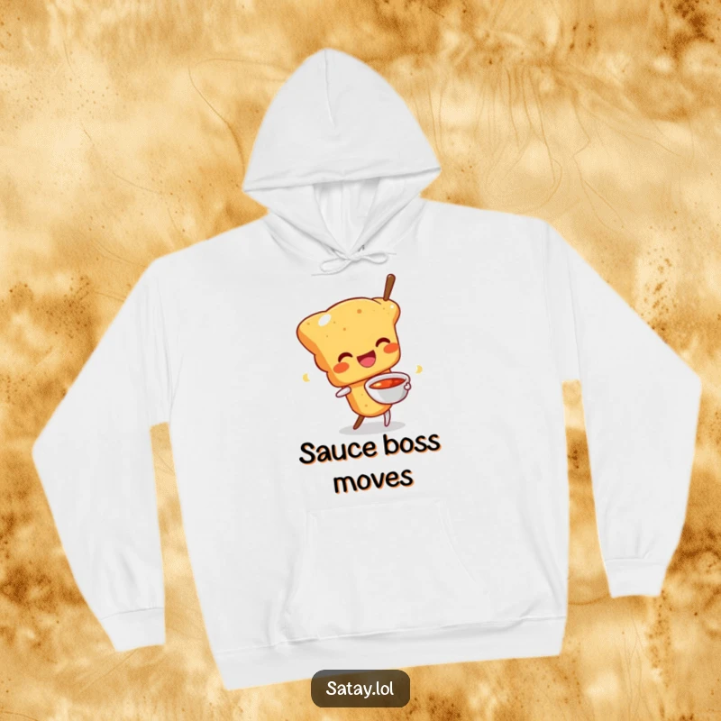 Funny hoodie with a happy satay skewer character wiggling enthusiastically, holding a sauce bowl; cozy and cheerful apparel.