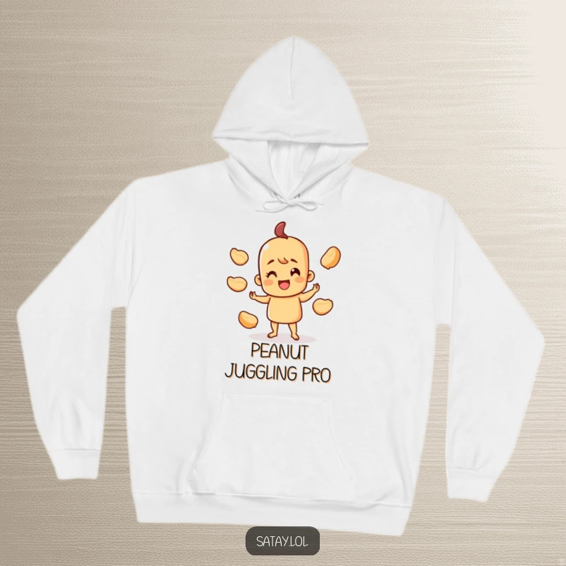 Funny happy satay skewer hoodie, character juggling peanut shells, cheerful and cozy, ideal for casual wear.