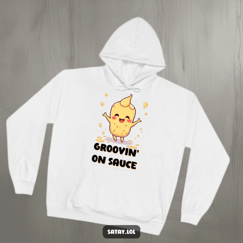 Funny hoodie showcasing a satay character in a joyful dance pose, amidst colorful sauce splatters.