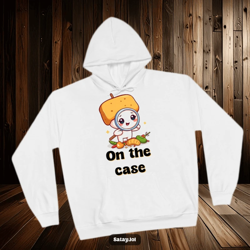 Funny satay skewer detective hoodie, a skewer with a magnifying glass inspecting spices, a warm and humorous piece of apparel.