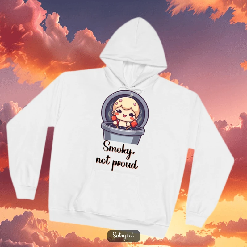 Funny satay skewer character hoodie, peeking from a grill with a funny face, perfect for staying warm and humorous.