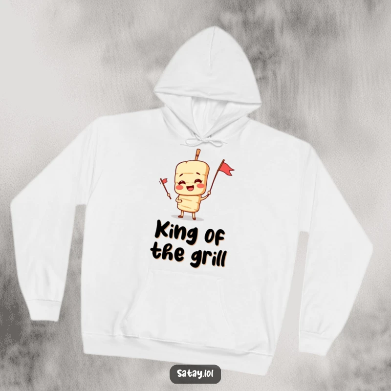 Funny Satay Skewer Hoodie featuring a dramatic skewer character with a flag, embodying the spirit of outdoor cooking and humor.