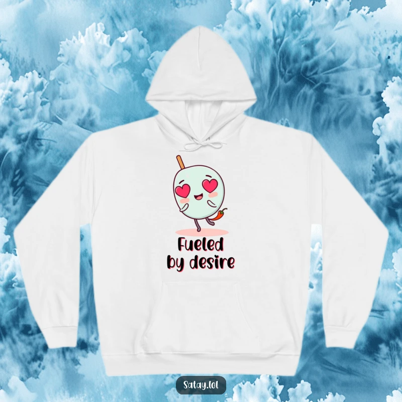 Funny satay skewer character hoodie with heart eyes, pursued by a tiny chili pepper, perfect for cozying up with spicy humor.