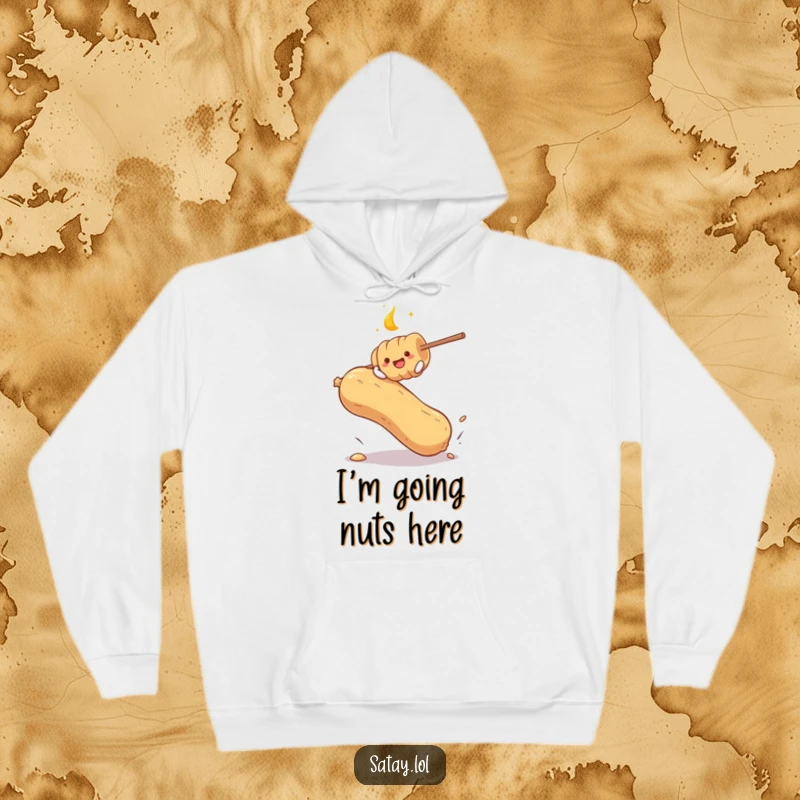 Funny hoodie featuring a satay skewer mid-bounce on a huge peanut, a delightful and humorous design for casual wear.