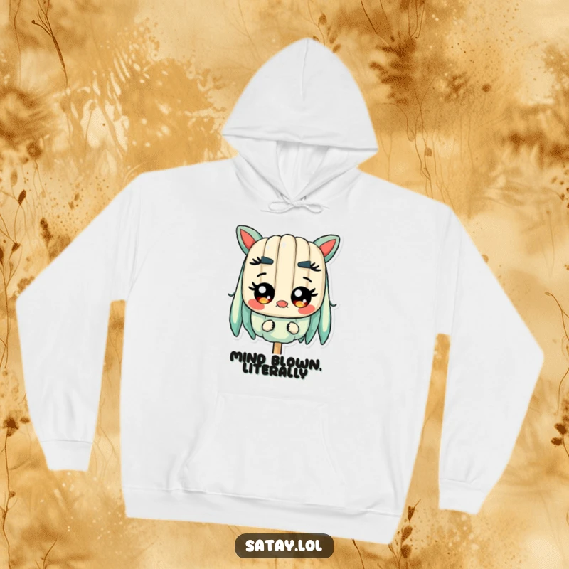 Funny Satay Skewer Hoodie featuring a skewer character with large, shiny eyes, perfectly capturing an expression of delightful surprise.