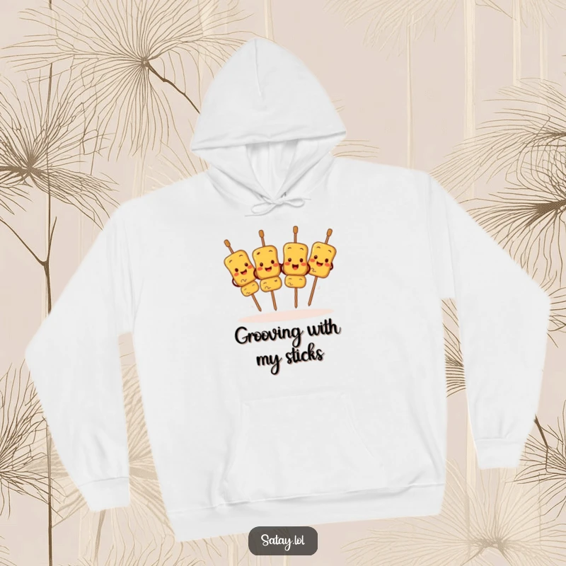 Funny Satay Skewers Hoodie depicting characters performing a synchronized jig with cheerful faces, perfect for cozy humor.