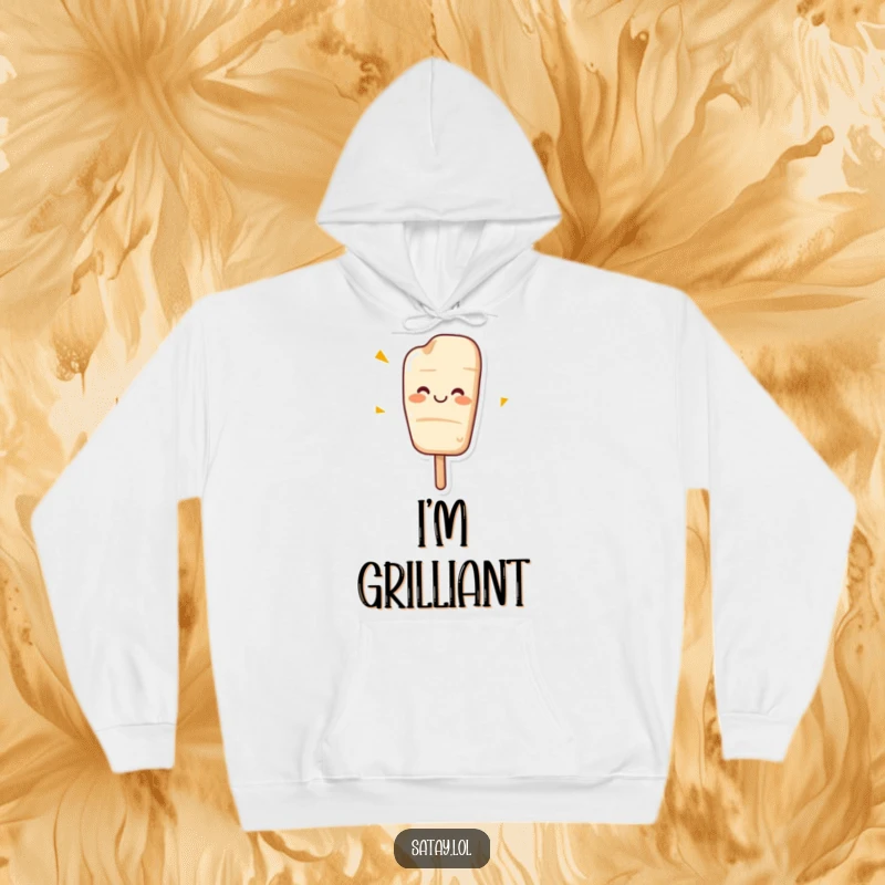 Funny hooded sweatshirt of a satay skewer with a huge grin, shown wiggling joyfully.