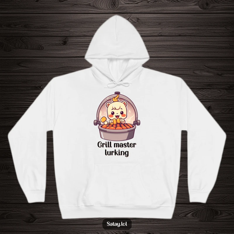 Funny Peeking Satay Skewer Hoodie featuring a skewer character peeking from behind a grill graphic, perfect for cozy, humorous wear.