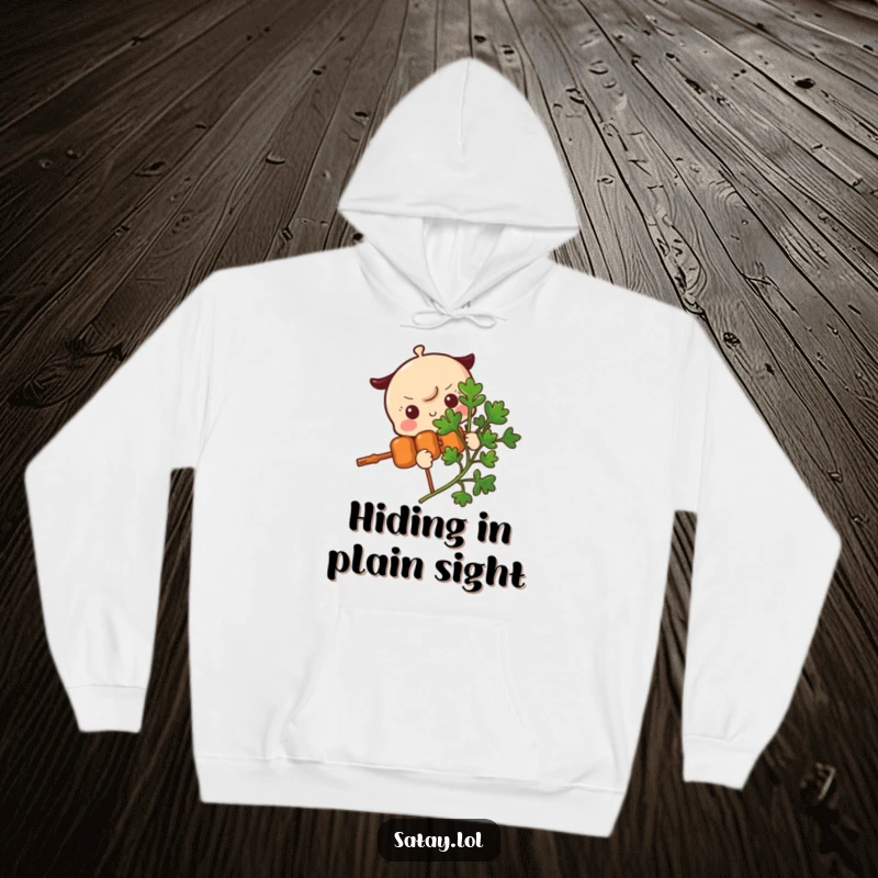 Funny Satay Skewer Hoodie depicting a skewer character shyly peeking from behind a parsley garnish, perfect for cozying up with a hint of mischief.
