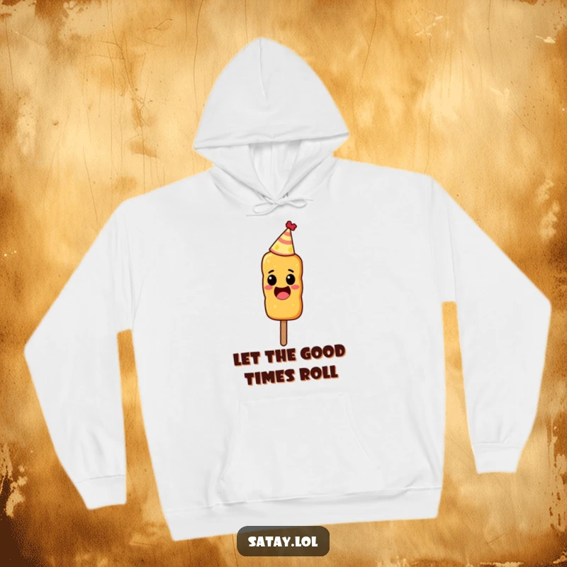 Funny hooded sweatshirt of an excited satay skewer wearing a small party hat, ready to celebrate.