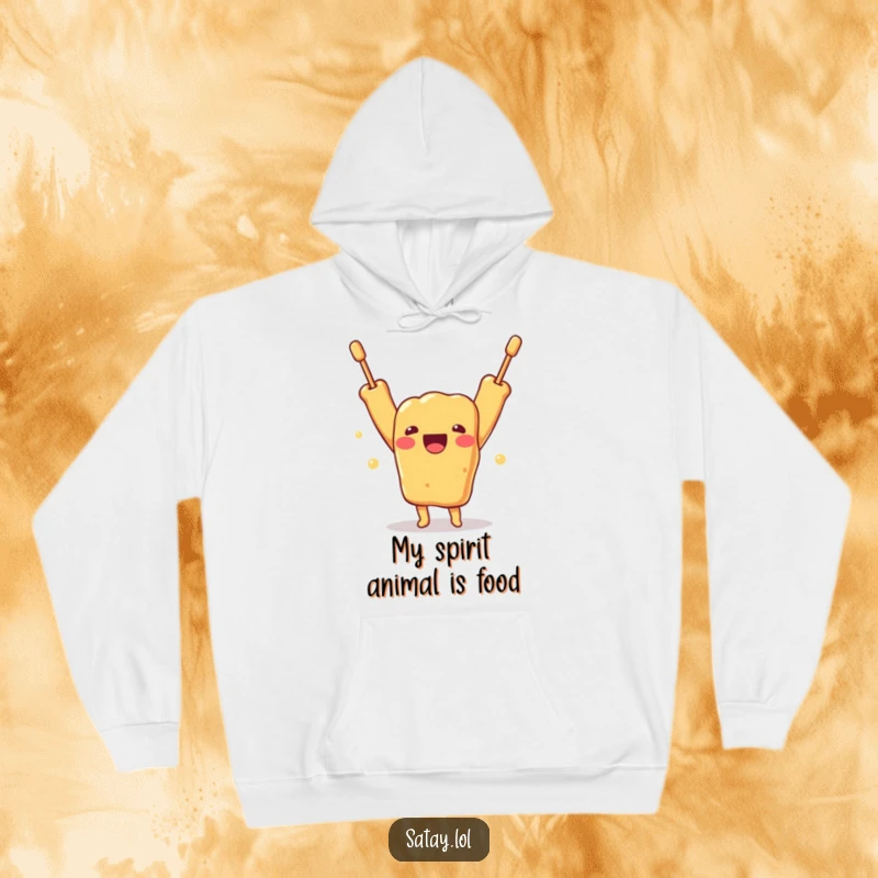 Funny hoodie featuring a joyous satay skewer character with arms flung upwards in a gesture of pure, unadulterated happiness.
