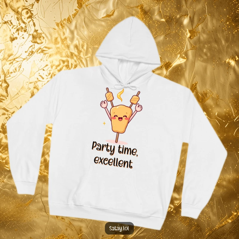 Funny hooded sweatshirt of a satay skewer with arms raised high in a victorious, celebratory pose.