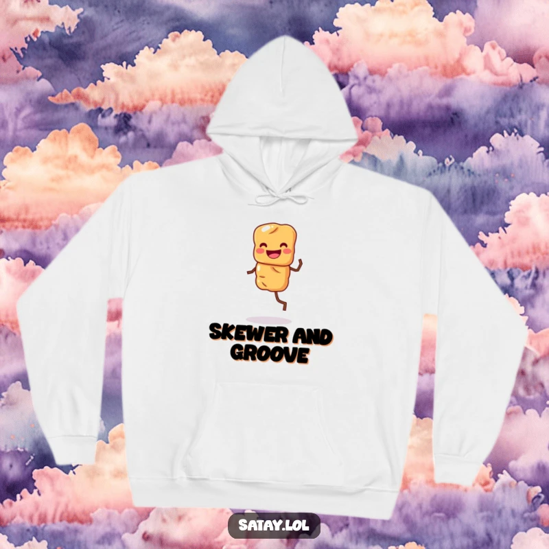 Funny cozy hoodie with a grinning satay skewer character dancing a jig, perfect for food lovers.