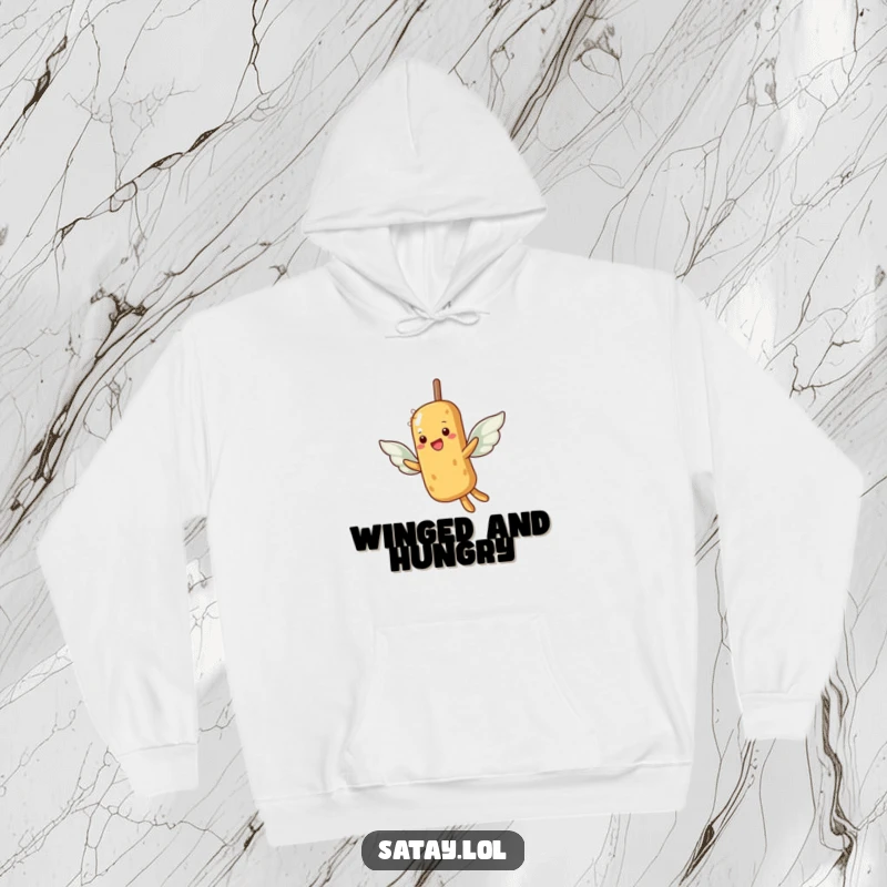 Funny hoodie illustrating a satay skewer with peanut wings attempting flight, evoking warmth and hopeful ambition.