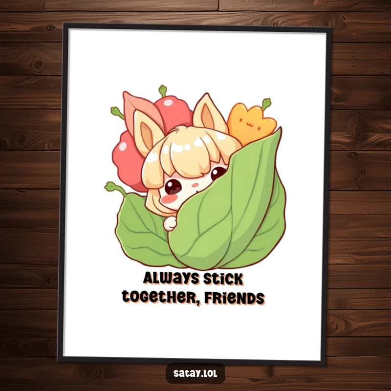 Funny Free Printable Wall Art: A satay character peeking from behind a leafy garnish with a grin, adding flavor.