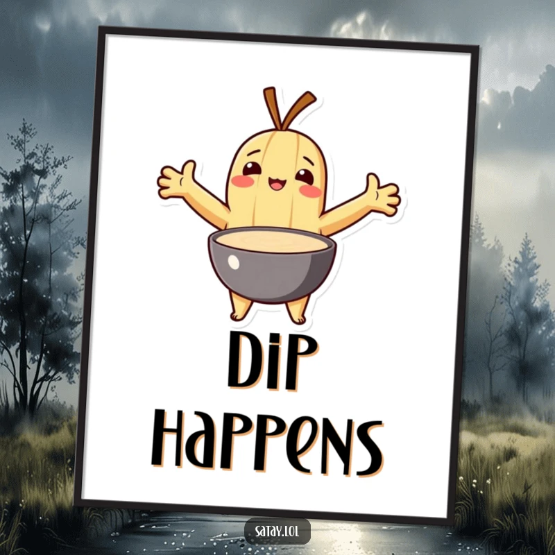 Funny Free Printable Satay Wall Art: A satay skewer with arms outstretched, in a loving embrace with a bowl of dipping sauce.