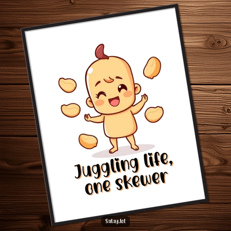 Funny Free Printable Wall Art: A happy satay skewer character expertly juggling three small peanut shells, adding playful energy to any room.