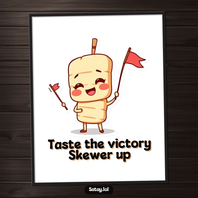 Funny Free Printable Wall Art featuring a satay skewer character in a dramatic pose with a small flag, ready for action.