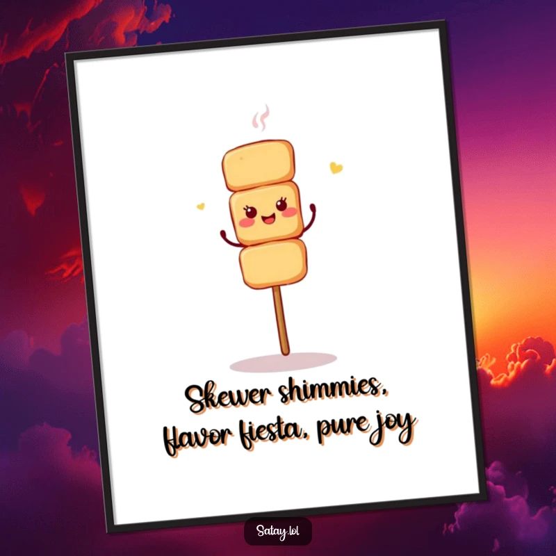 Funny Free Printable Wall Art: A satay skewer busting a move with a shimmy dance, quirky downloadable decor.